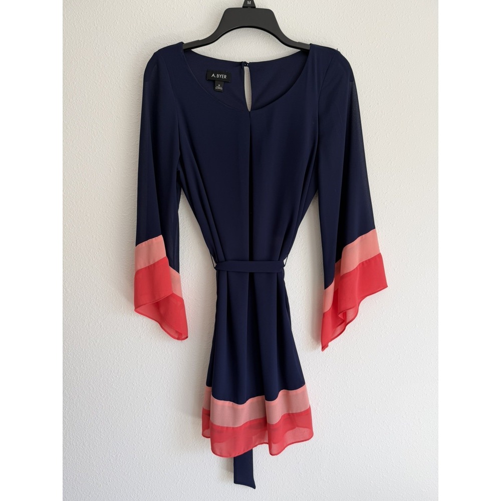 A. Byer Womens Navy Blue Belted A-Line Dress Pink Colorblock Bell Sleeve Size M